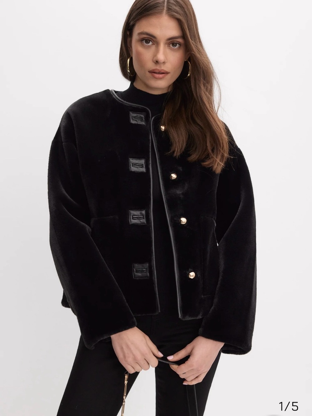 Zara Black Collarless Faux Fur Jacket Gold Buttons Size L